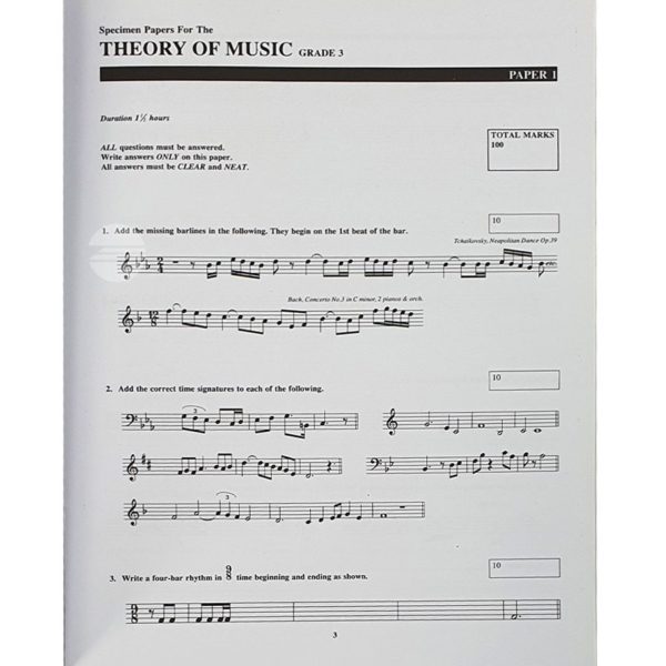 Specimen Papers for the Theory of Music Grade 3 - Euphony Musical